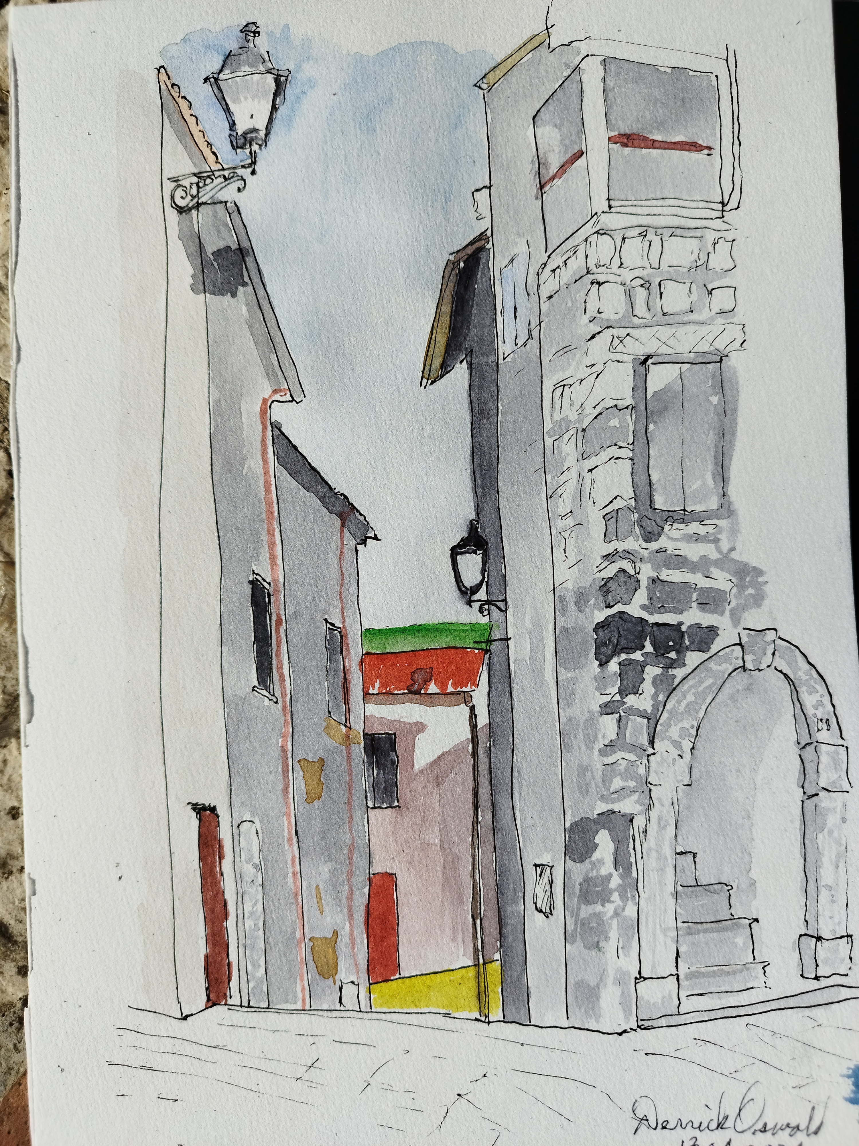 watercolour and ink of a street in Civitella Licinio