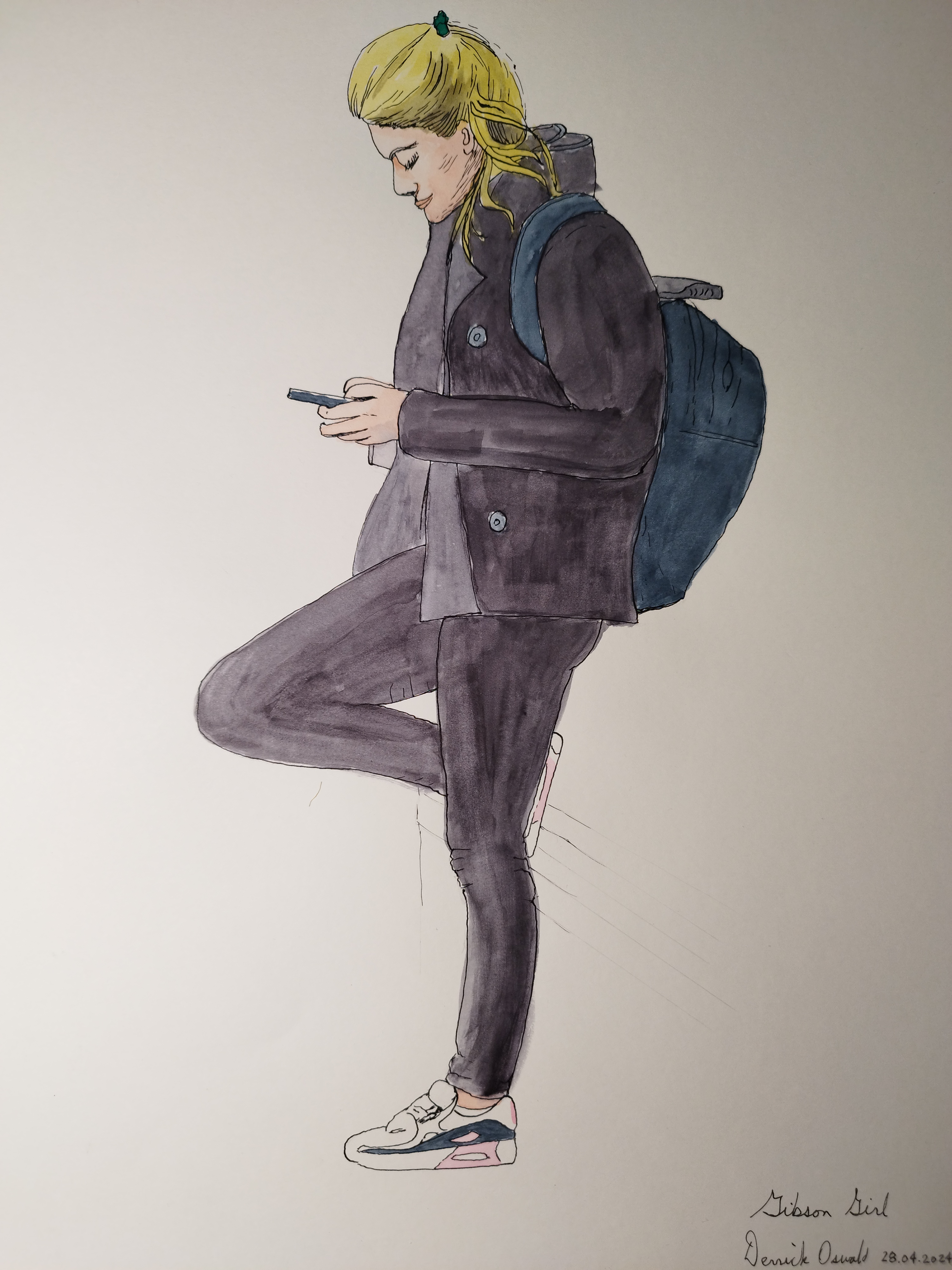 watercolour and ink of a 21st century Gibson Girl