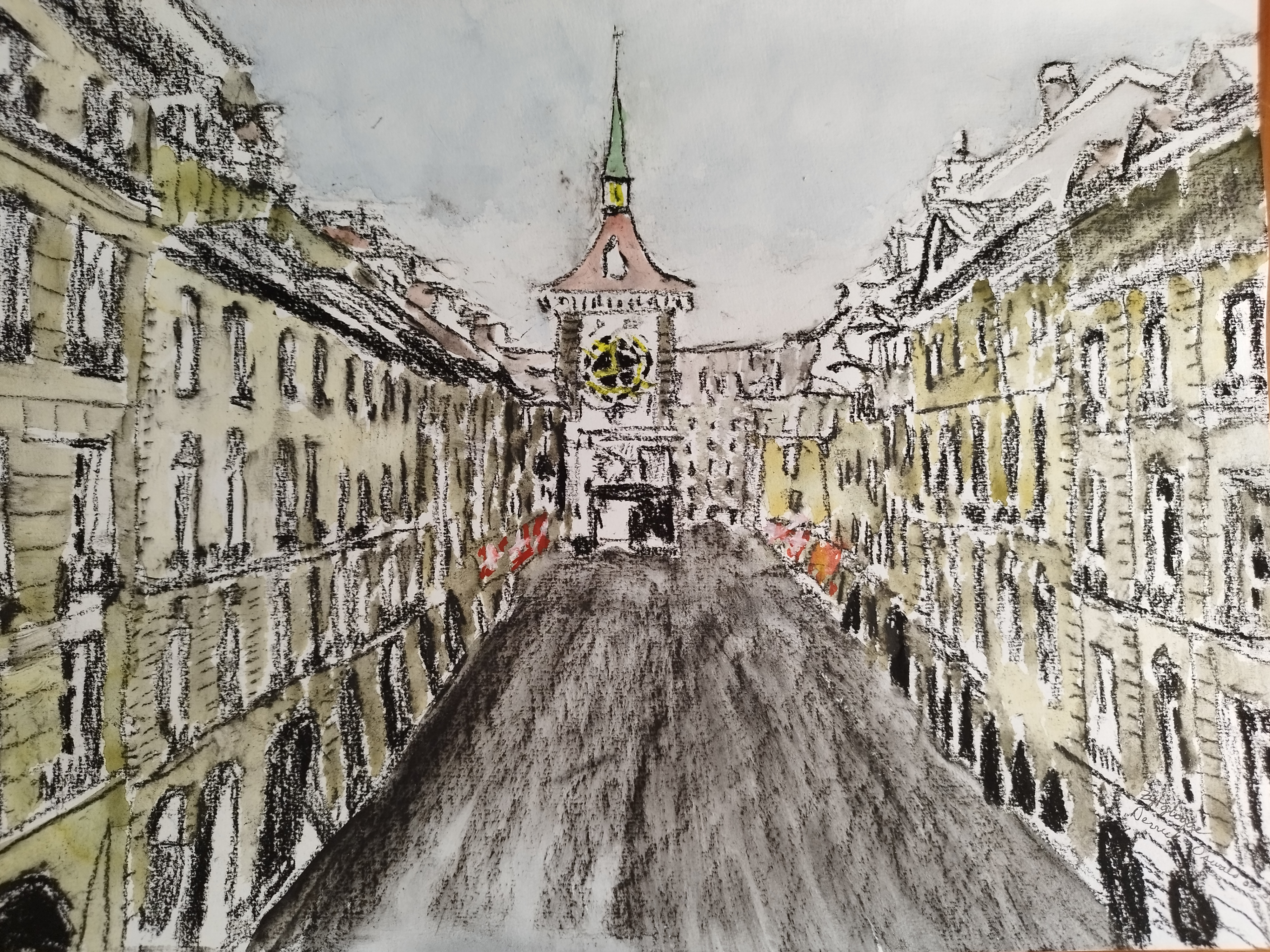 charcoal and watercolour of Zytglogge
