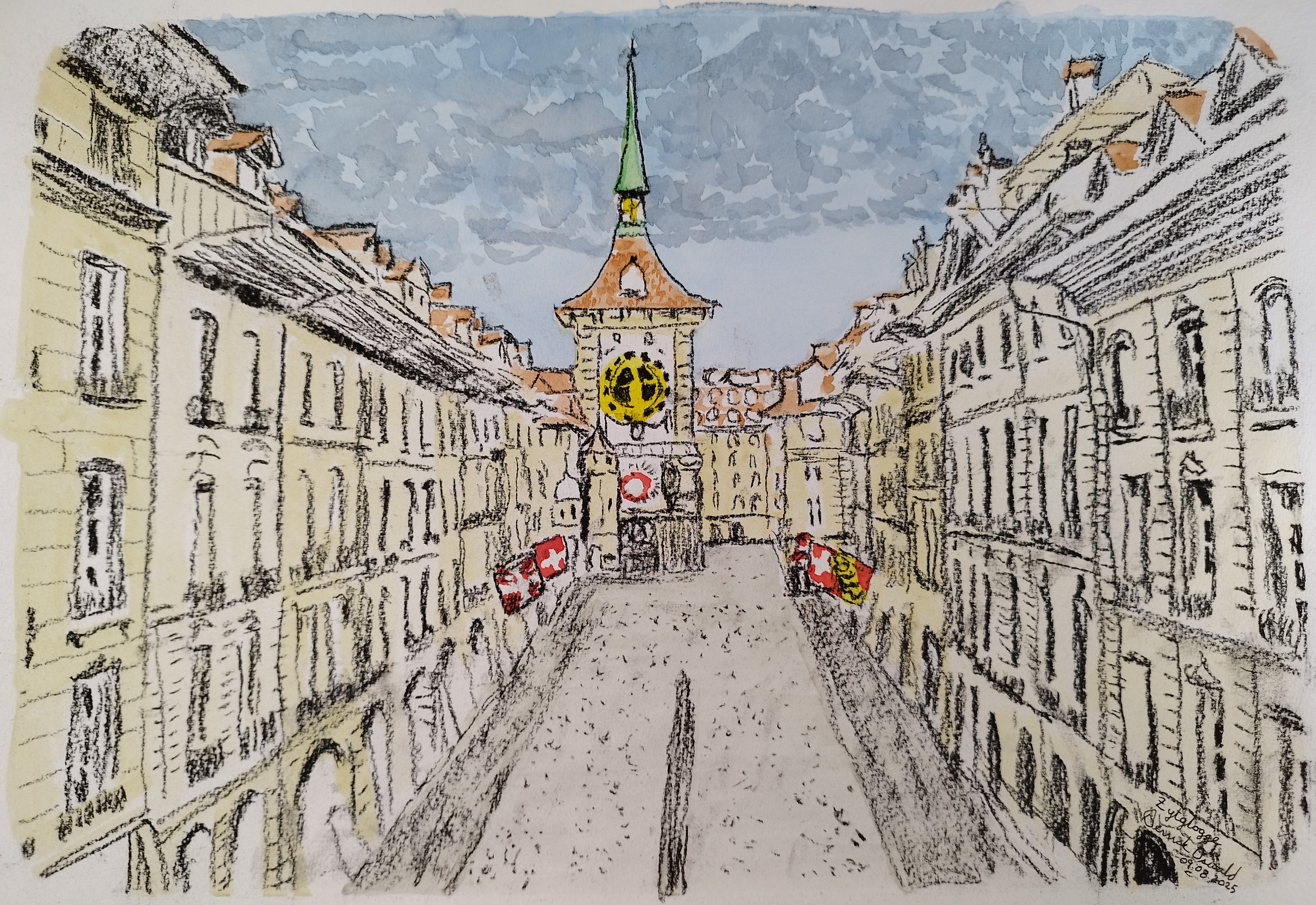 charcoal and watercolour of Zytglogge